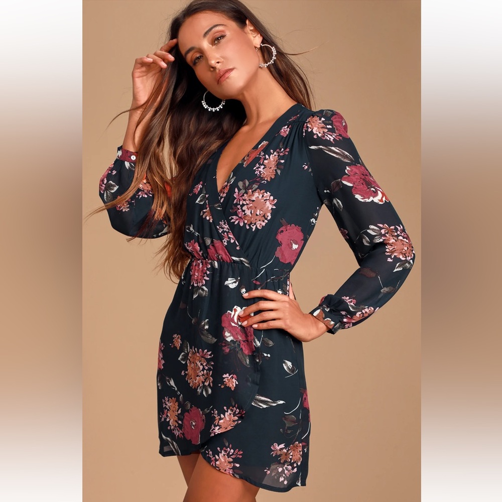 Lulu's Black and Pink Floral Long Sleeve Dress